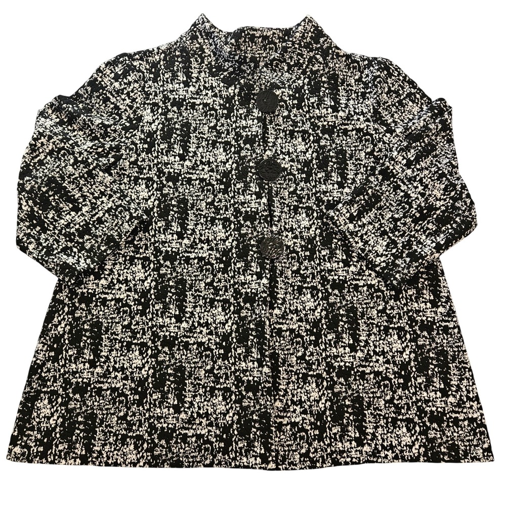 JM Collection Womens XL Black White Textured Knit Mock Neck Button Front Jacket